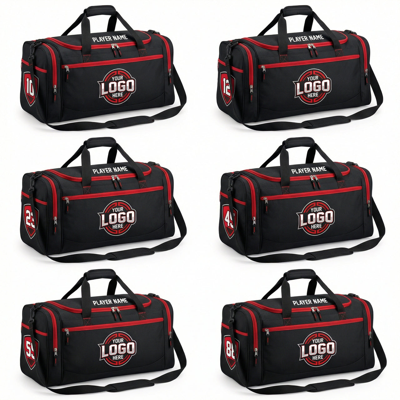 Six black duffle bags with red trim, customizable logos, player names, and numbers.
