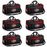 Thumbnail for Six black duffle bags with red trim, customizable logos, player names, and numbers.