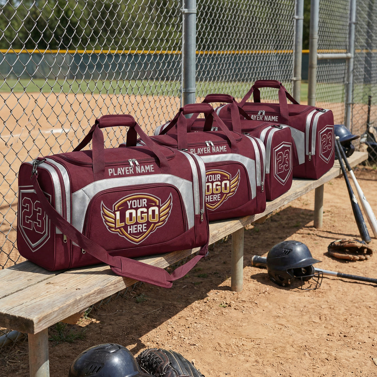 Maroon and silver duffle bags with "YOUR LOGO HERE" and "PLAYER NAME" on a baseball bench.
