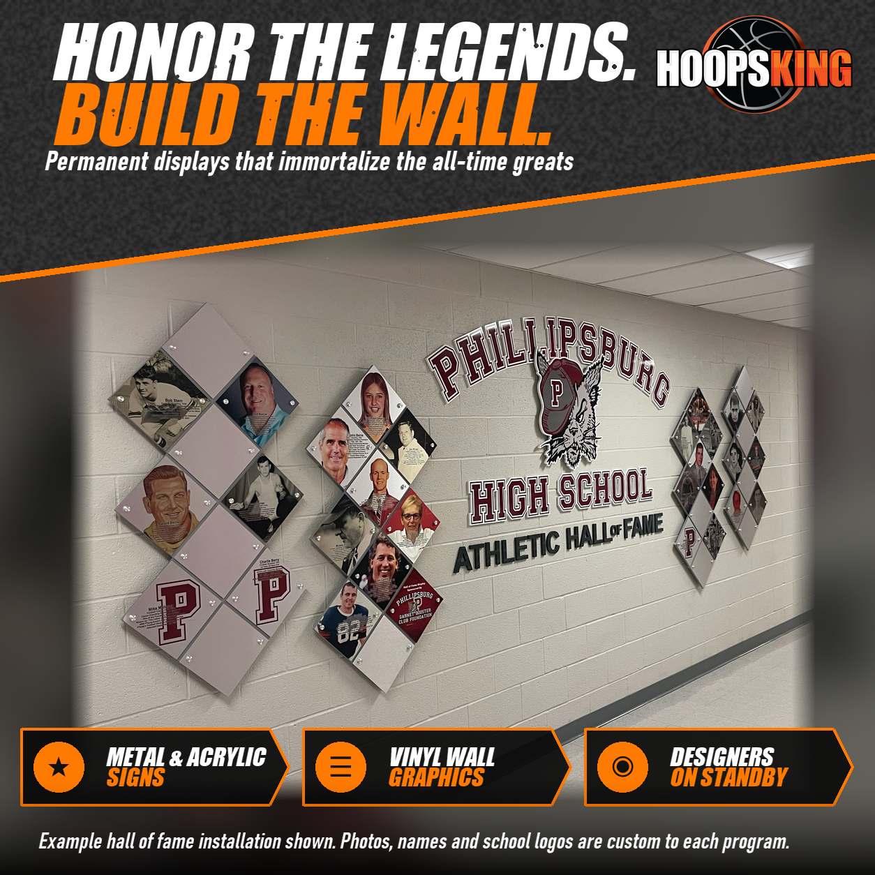 School athletic hall of fame wall with diamond-shaped acrylic photo plaques around maroon Phillipsburg High School lettering