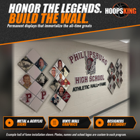 Thumbnail for School athletic hall of fame wall with diamond-shaped acrylic photo plaques around maroon Phillipsburg High School lettering