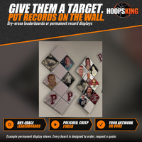 Thumbnail for Close view of diamond-shaped acrylic hall of fame plaques with athlete portraits, names and maroon P logos on a block wall