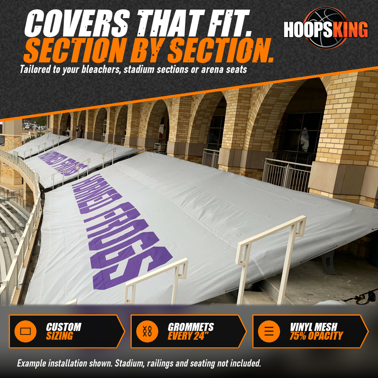 Light gray seat covers printed with purple Horned Frogs lettering stretched over stadium seating sections beneath brick arches