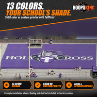 Thumbnail for Purple stadium seat cover printed with a white Holy Cross wordmark and crusader logo over football stadium bleachers