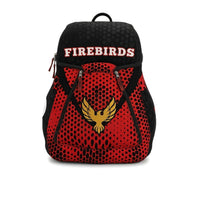 Thumbnail for Custom sublimated team backpack in black and red with a FIREBIRDS team name and gold firebird crest