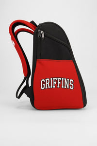 Thumbnail for Side view of a custom team backpack with GRIFFINS on the red pocket