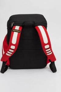 Thumbnail for Back of a custom team backpack with padded red and white straps