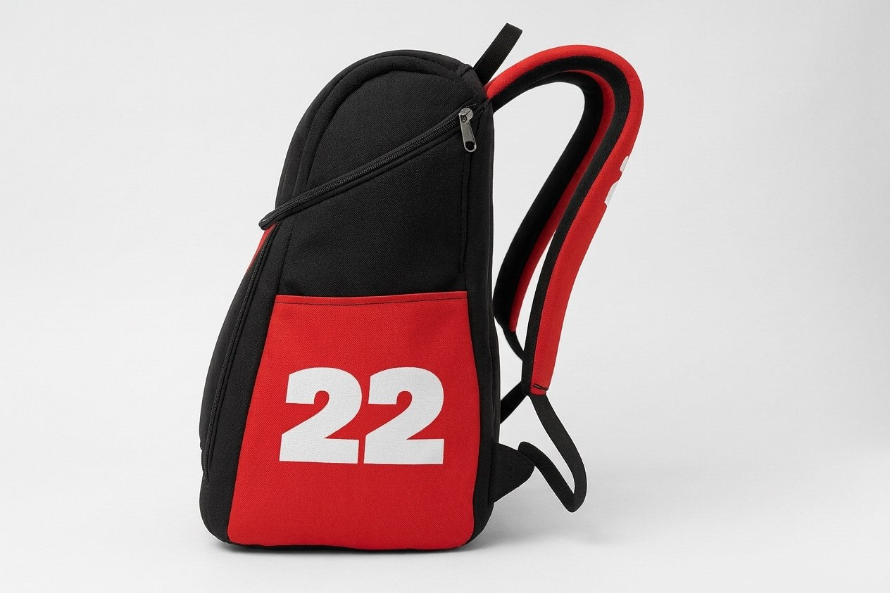 Side view of a custom team backpack showing player number 22