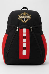 Thumbnail for Black custom team backpack with a red stripe panel and a SABERS team crest