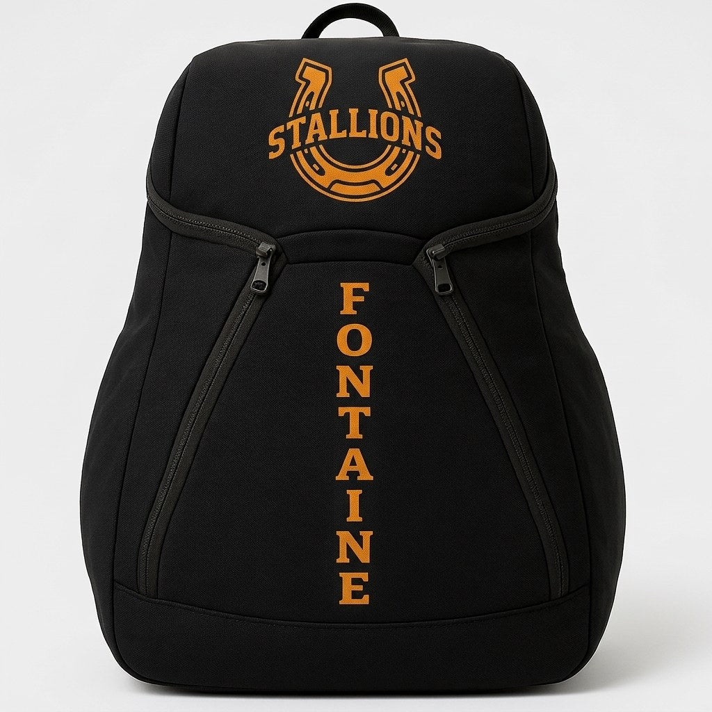 Black custom team backpack with an orange STALLIONS crest and the player name Fontaine