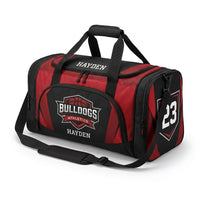 Thumbnail for Red and black custom team duffle bag with a BULLDOGS crest and the name Hayden