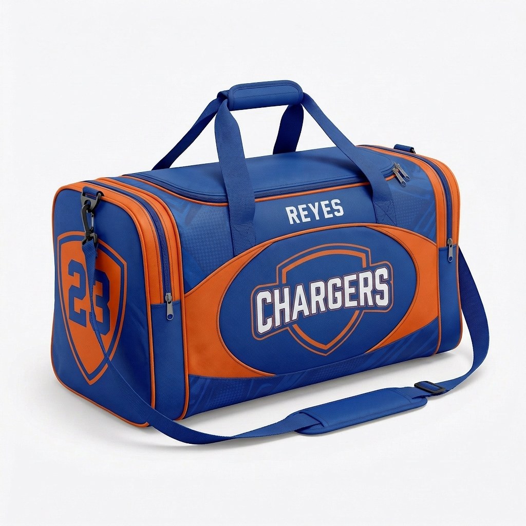 Blue and orange custom team duffle bag with a CHARGERS crest and the name Reyes