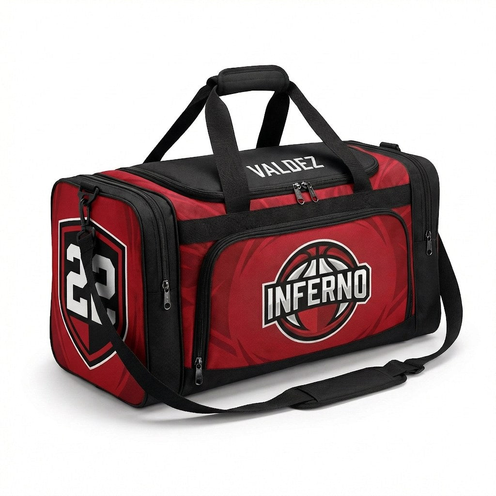 Red and black custom team duffle bag with an INFERNO crest, name Valdez and number 22