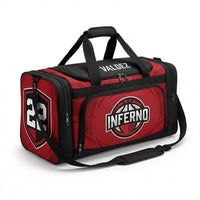 Thumbnail for Red and black custom team duffle bag with an INFERNO crest, name Valdez and number 22