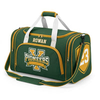 Thumbnail for Green and gold custom team duffle bag with a PIONEERS crest and the name Rowan