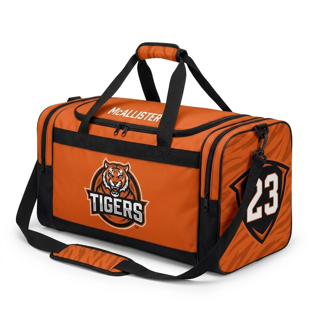 Orange custom team duffle bag with a TIGERS crest, name McAllister and number 23