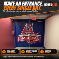 Thumbnail for Navy double doors wrapped in a large red, white and blue AU American logo graphic beneath an exit sign