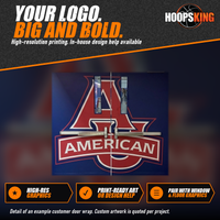 Thumbnail for Close view of a printed red, white and blue AU American logo on a navy vinyl door wrap behind door push bars