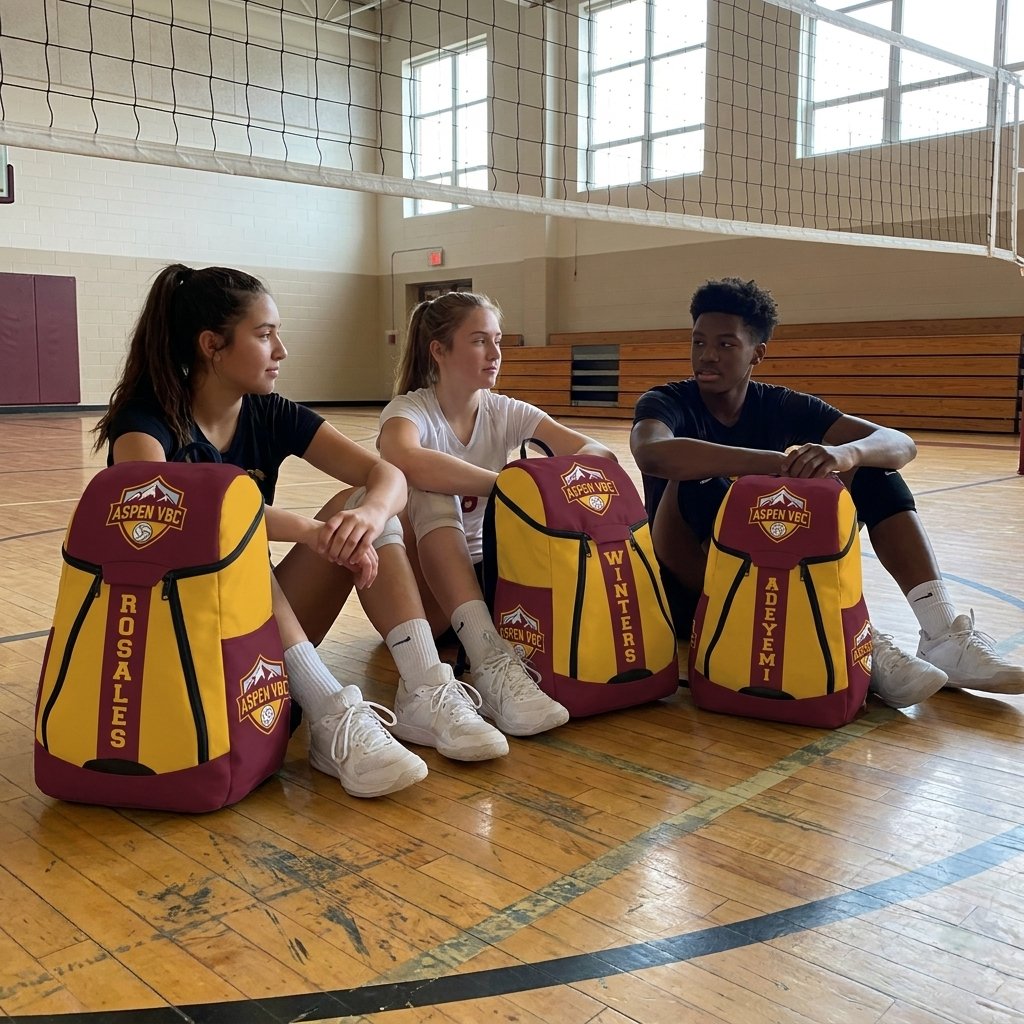 Club volleyball players in the gym with maroon and gold custom team backpacks