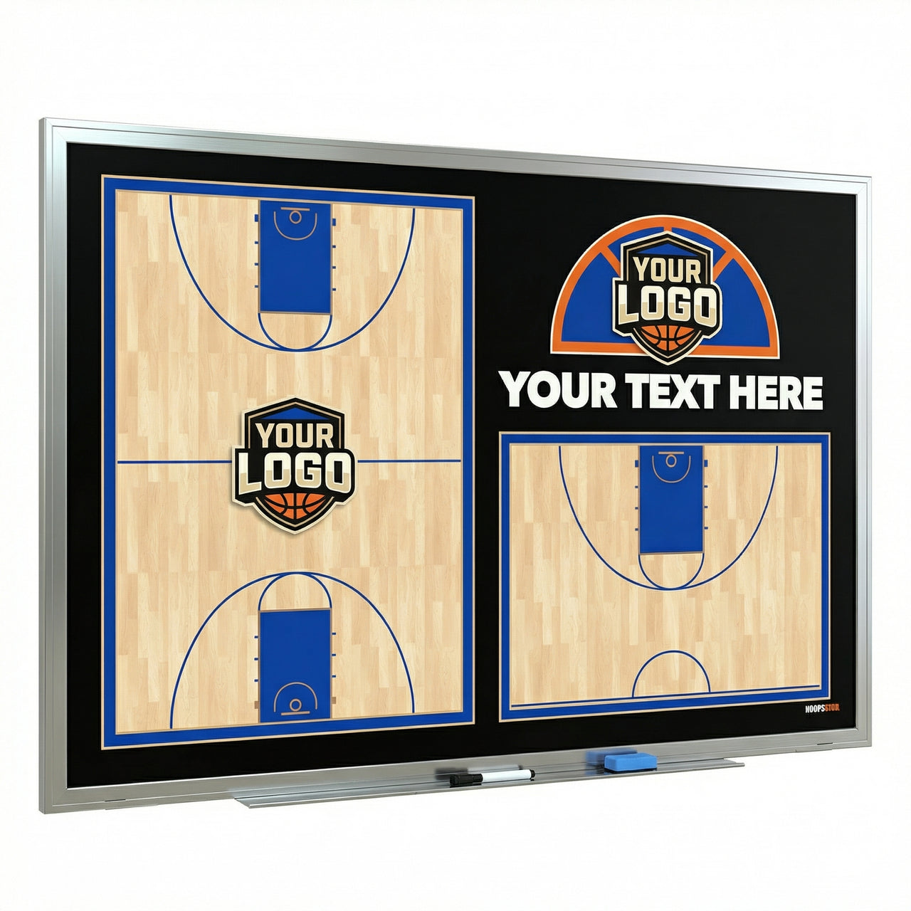 Custom basketball whiteboard with full court, half court, and logo sections, plus markers and eraser.