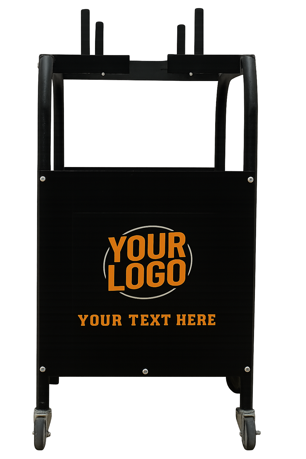 Black hydration cart with "YOUR LOGO" and "YOUR TEXT HERE" in orange on the side.
