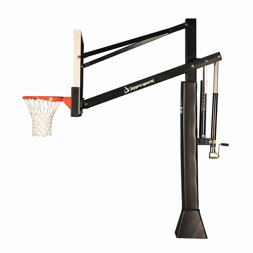 Basketball System - Titan Adjustable Series (5 in.x 5 in. Pole with 3 ft. Offset) - 60 in. Tempered Glass Backboard, Playground Goal, and Edge/Protector Padding