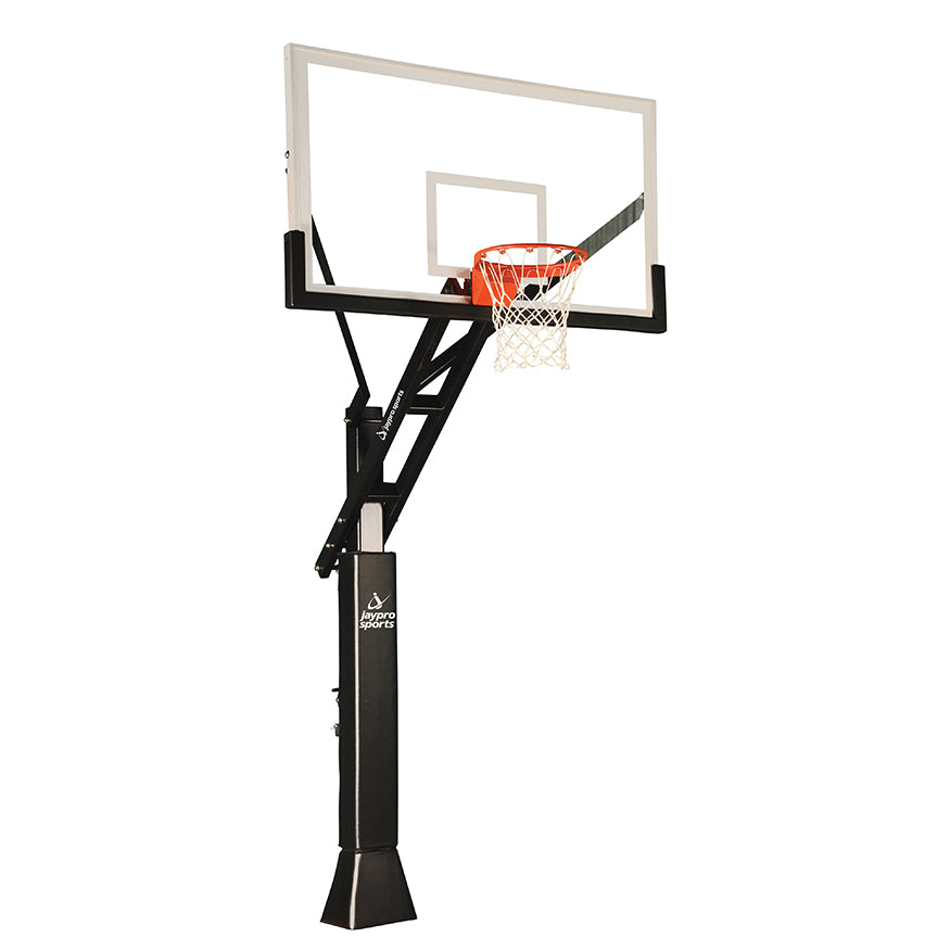 Basketball System - Titan Adjustable Series (6 in.x 6 in. Pole with 4 ft. Offset) - 72 in. Tempered Glass Backboard, Playground Goal, and Edge/Protector Padding