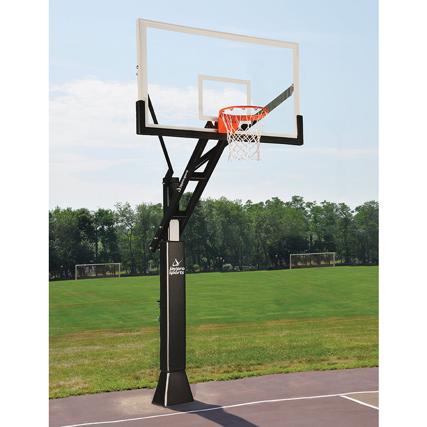 Basketball System - Titan Adjustable Series (6 in.x 6 in. Pole with 4 ft. Offset) - 72 in. Tempered Glass Backboard, Playground Goal, and Edge/Protector Padding