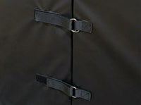 Thumbnail for Close-up detail of black divider pad showing velcro attachment straps and metal D-ring hardware used to connect multiple barrier pads together for modular gym partitions and space division