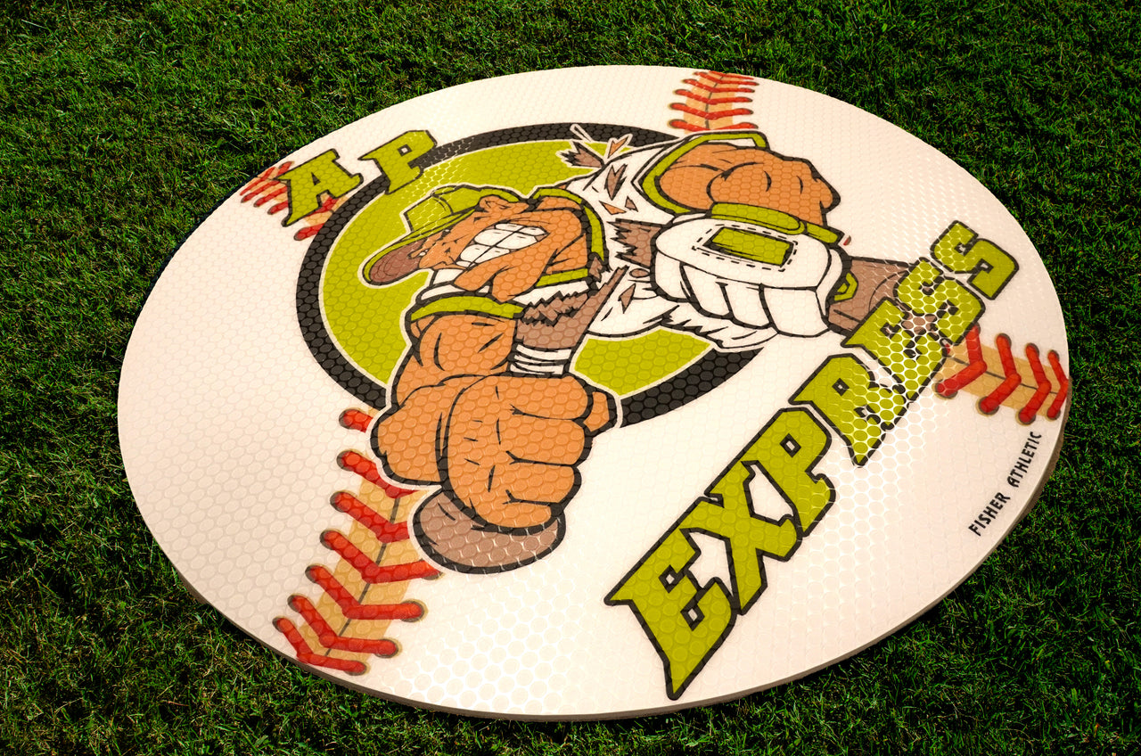 White round baseball mat with "AP Express" logo featuring a batter, on green grass.
