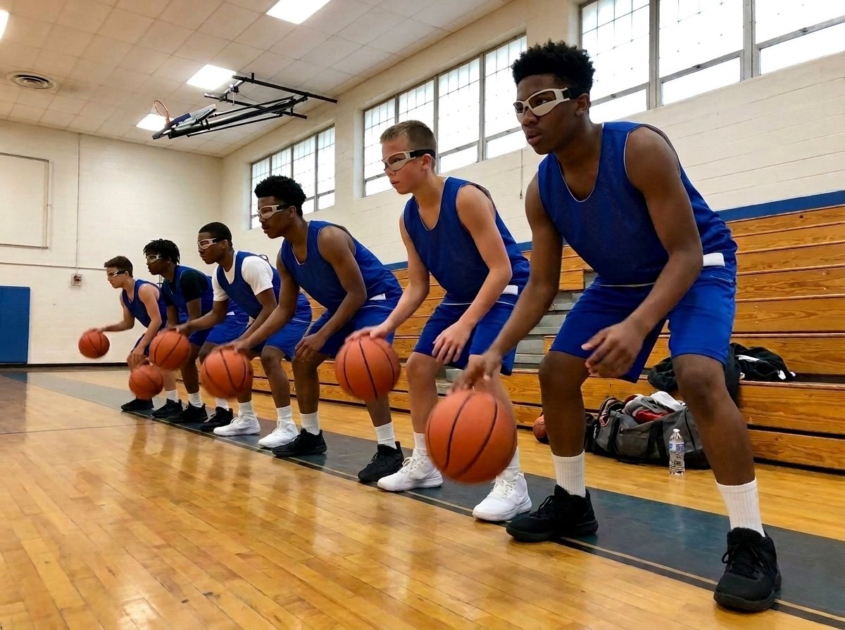 High school boys basketball team lined up on the baseline doing a pound dribble drill, every player wearing dribble goggles