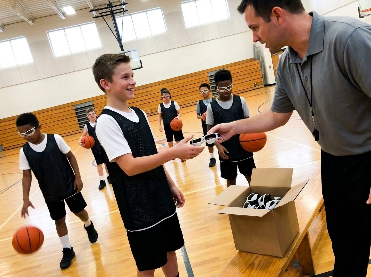 Basketball coach handing a pair of dribble goggles from a box of team pack goggles to a youth player in the gym