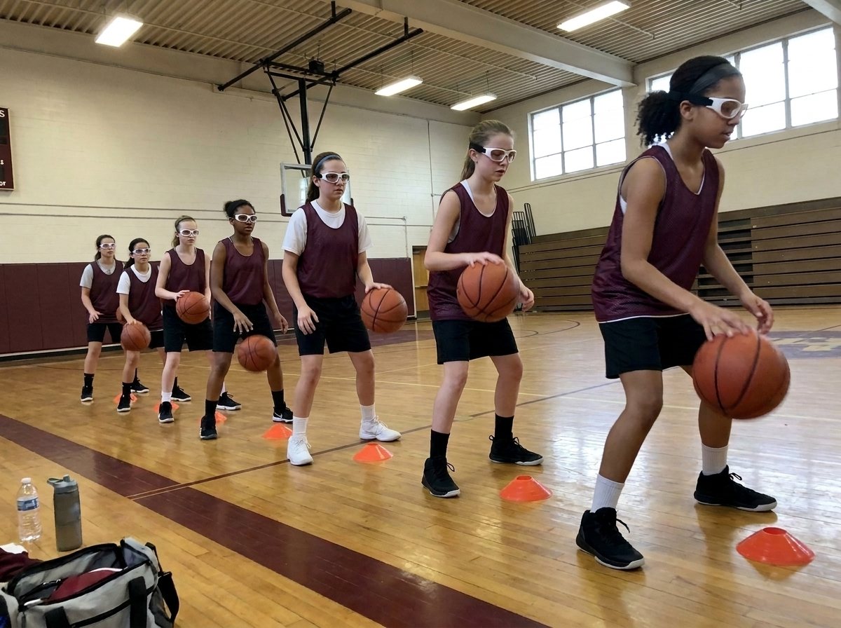 Youth girls basketball team wearing dribble goggles while dribbling through a line of cones with their heads up