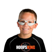Thumbnail for Youth player wearing HoopsKing dribble goggles: open white frame with no lenses, solid lower panel under the eyes, black elastic strap
