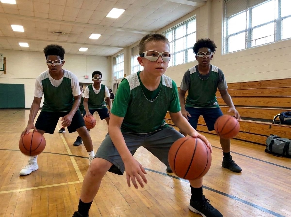 Youth basketball player in dribble goggles pounding the ball low in a defensive stance with his eyes up