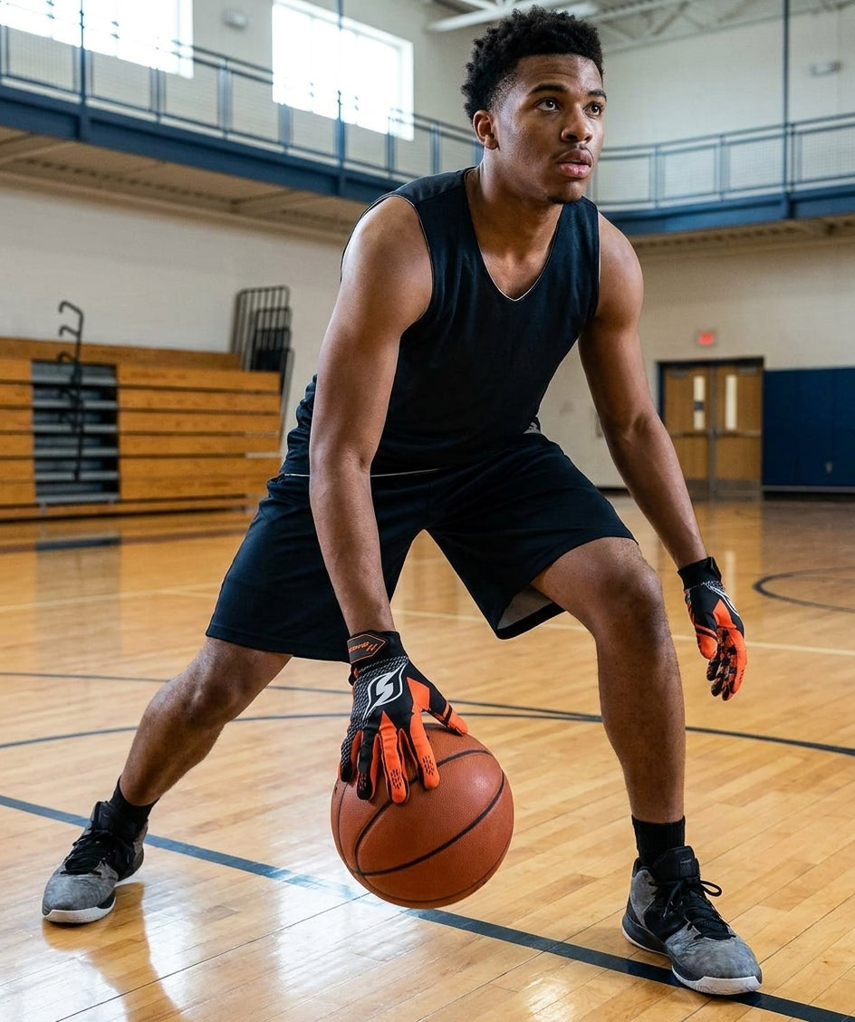 Player dribbling with Hoop Handz weighted basketball gloves