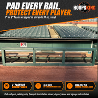 Thumbnail for Forest green CoverSports rail and post padding wrapped around a dugout fence rail in front of an empty minor league stadium