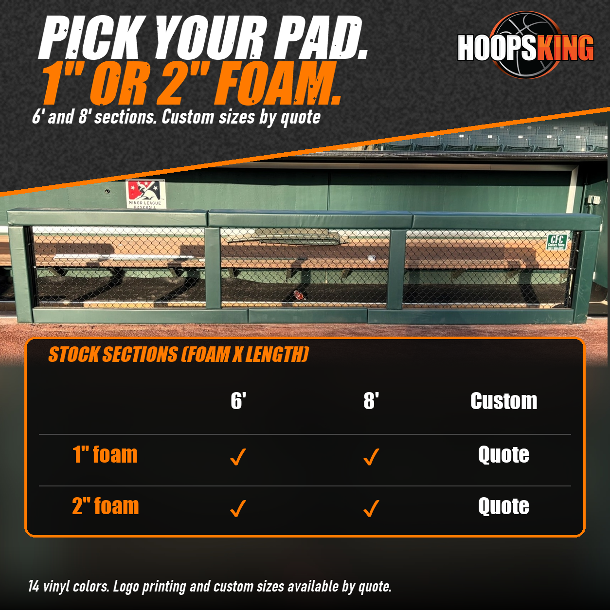 Size chart for CoverSports rail padding in 1 and 2 inch foam, 6 and 8 foot sections, below green dugout rail padding