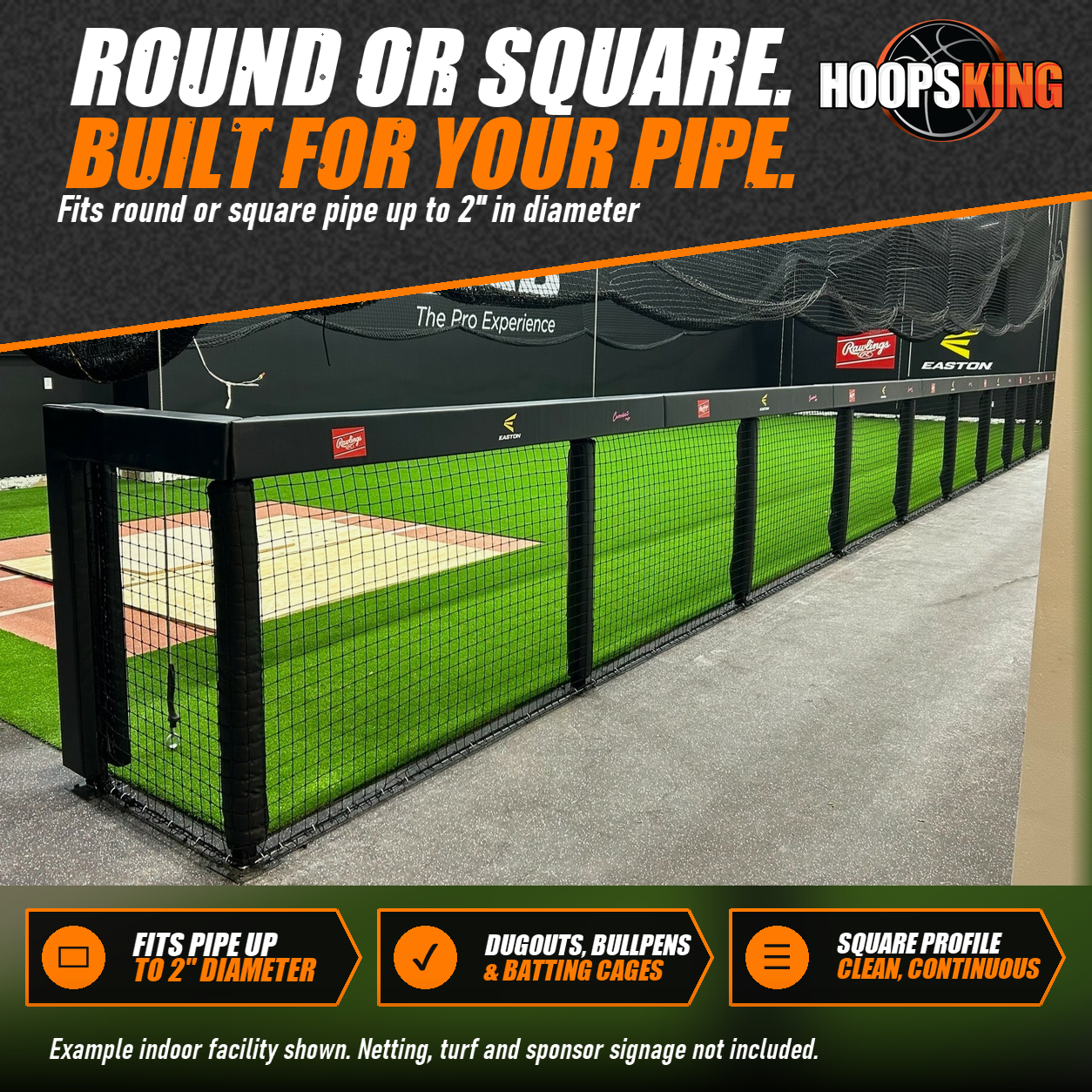 Black square rail padding and post pads lining the frame of an indoor batting cage with green turf and netting
