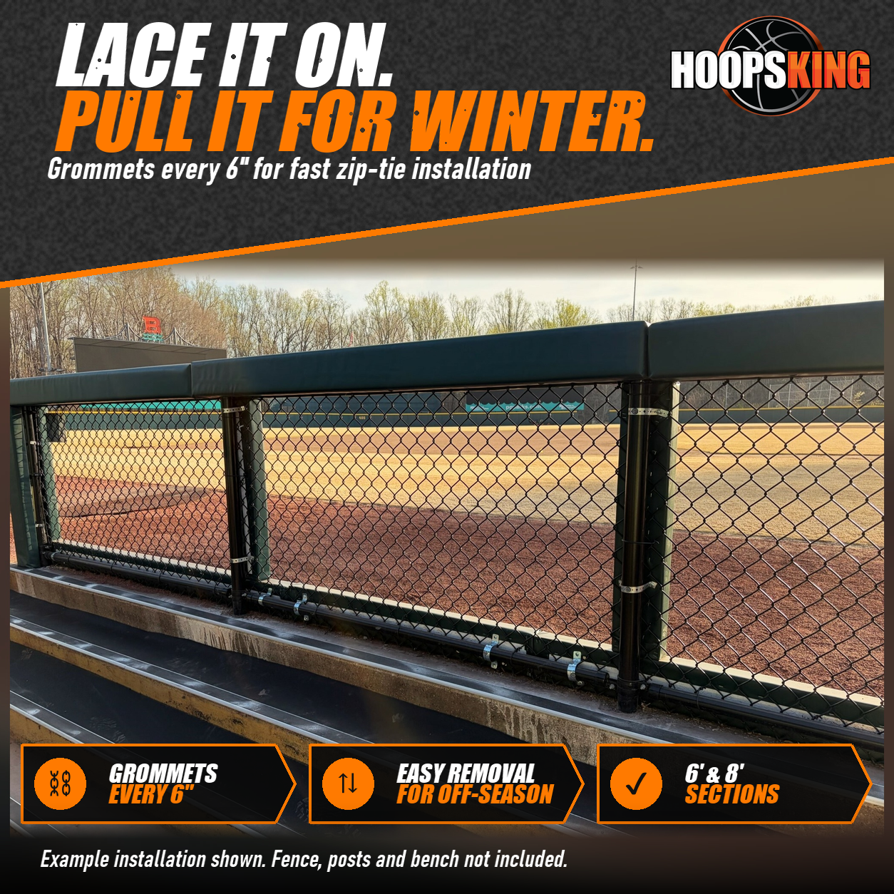 Dark green rail padding on top of a dugout chain-link fence rail with padded posts, viewed from the dugout bench