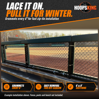 Thumbnail for Dark green rail padding on top of a dugout chain-link fence rail with padded posts, viewed from the dugout bench