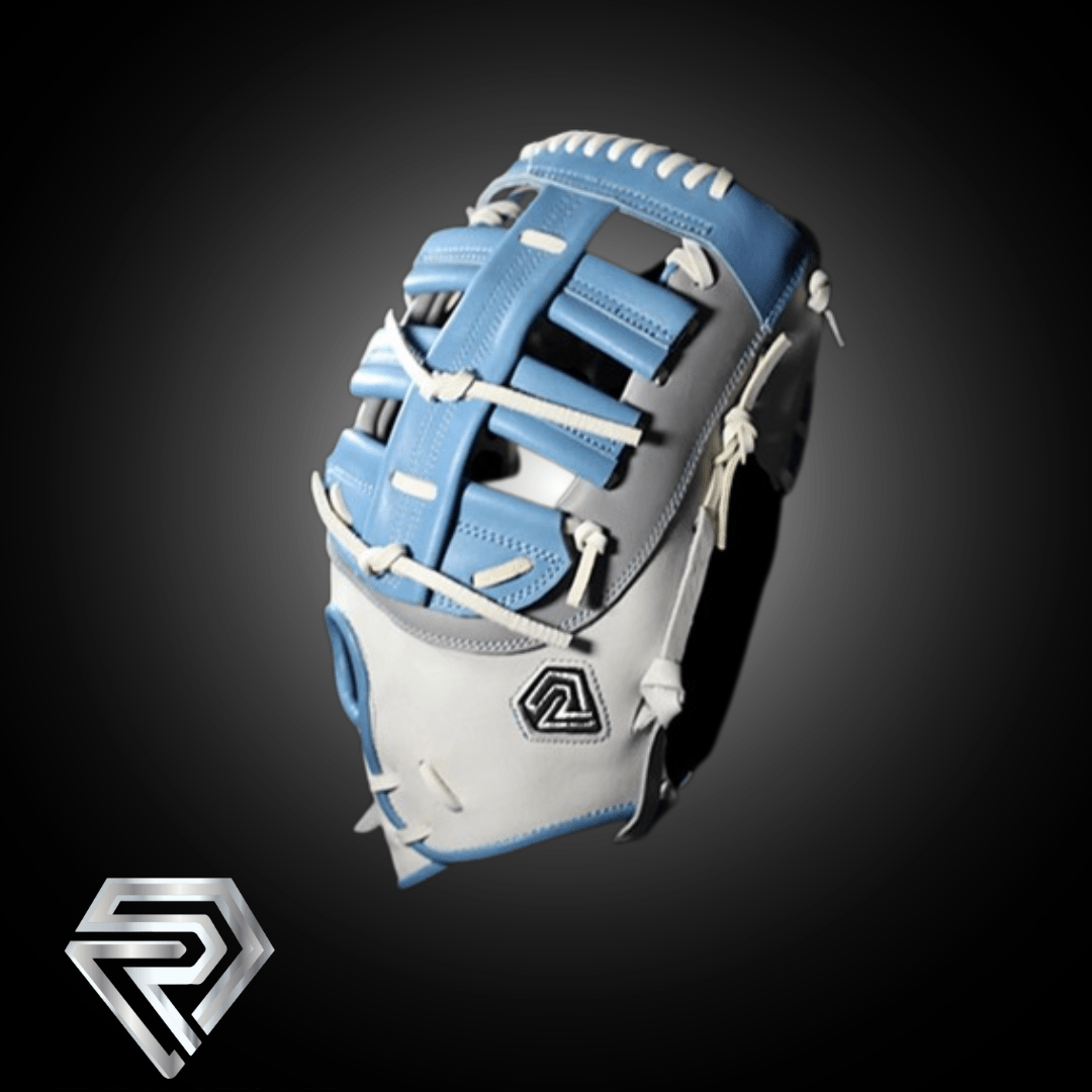 Light blue and white fastpitch softball 1st base mitt with white laces and a black logo.