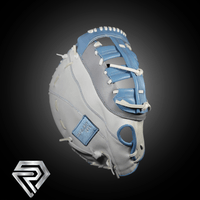 Thumbnail for White and light blue fastpitch softball 1st base mitt with white lacing.