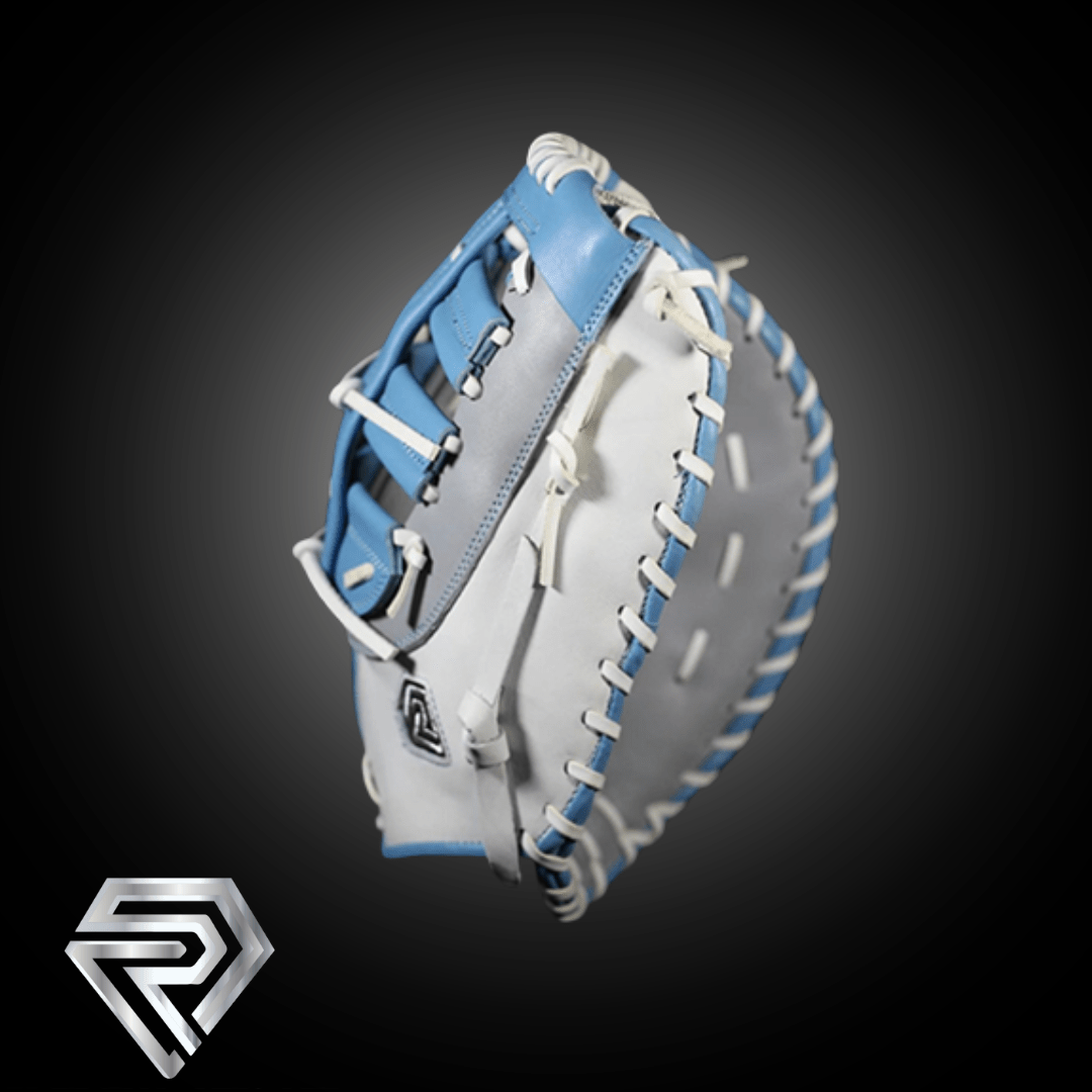 White and light blue fastpitch softball 1st base mitt with white lacing, angled on a dark background.