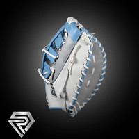 Thumbnail for White and light blue fastpitch softball 1st base mitt with white lacing, angled on a dark background.