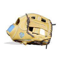 Thumbnail for Tan fastpitch softball glove with light blue accents and dark brown laces, shown on a white background.