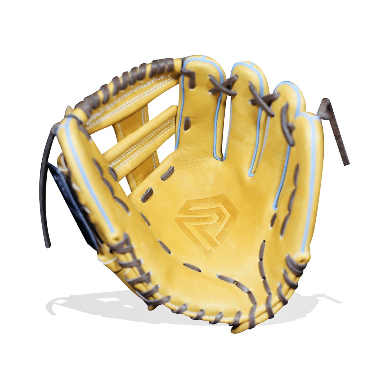 Yellow fastpitch softball glove with blue trim, dark brown laces, and a diamond logo on the palm.