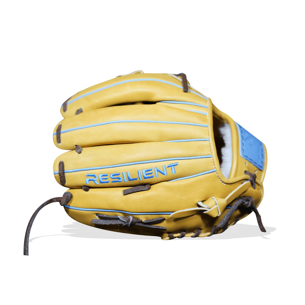 Tan fastpitch softball glove with blue stitching and "RESILIENT" embossed on the palm.