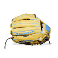 Thumbnail for Tan fastpitch softball glove with blue stitching and 