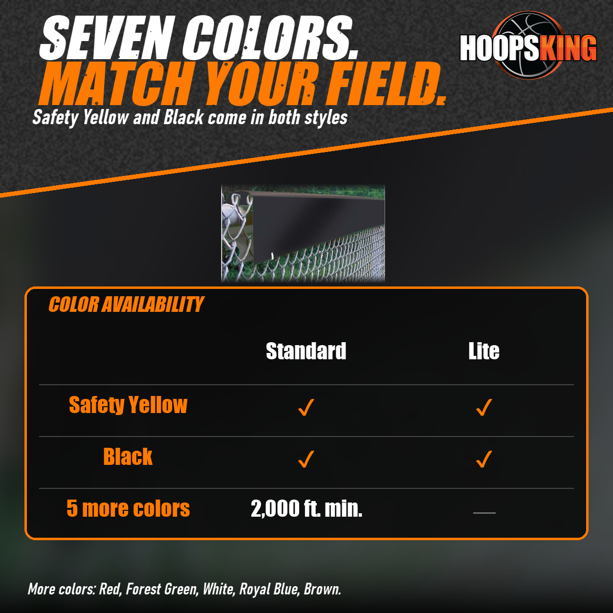 Color availability chart for Safety Top Cap in yellow, black and five other colors below a black cap fastened to a chain-link fence